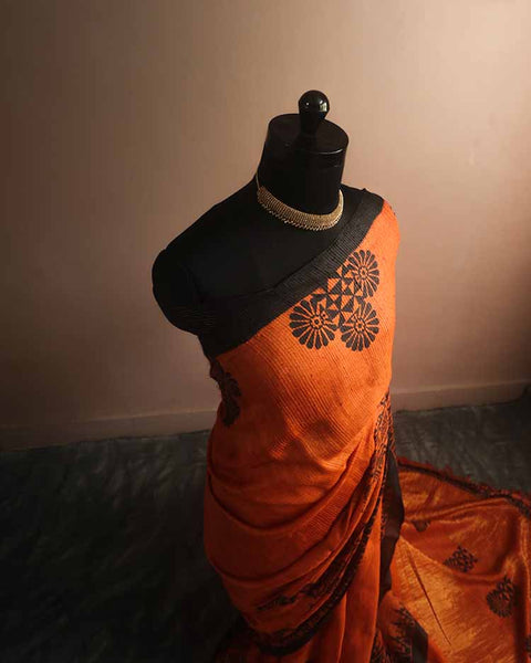 Pure Handloom Hand Block Printed Orange Line Tussar Silk Saree