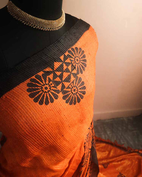 Pure Handloom Hand Block Printed Orange Line Tussar Silk Saree