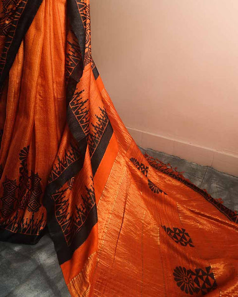 Pure Handloom Hand Block Printed Orange Line Tussar Silk Saree