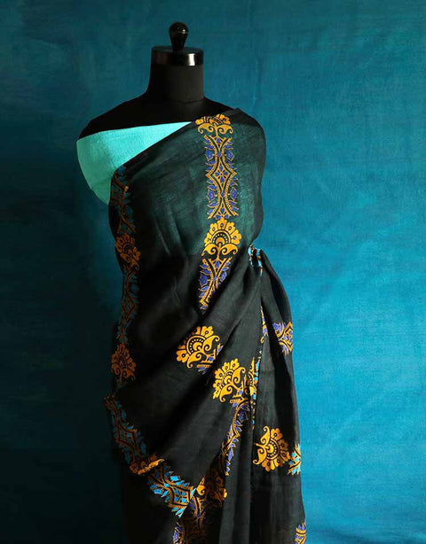 Pure Hand Block Printed Linen Saree