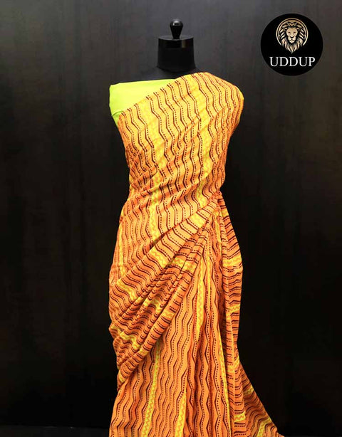 Orange Hand  Block Printed Mul Cotton Saree