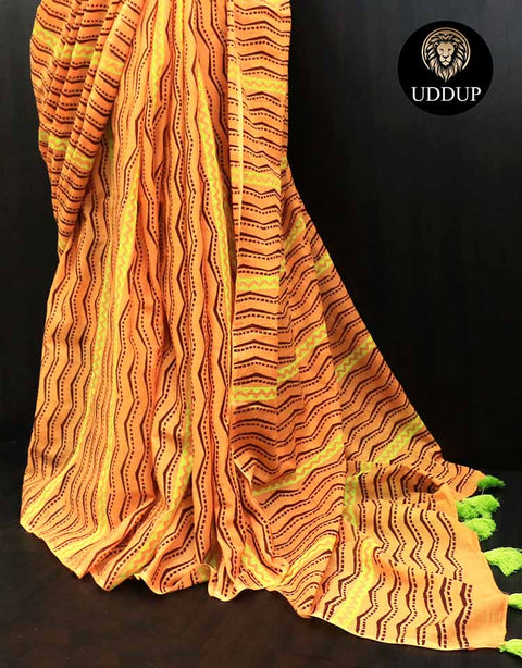 Orange Hand  Block Printed Mul Cotton Saree