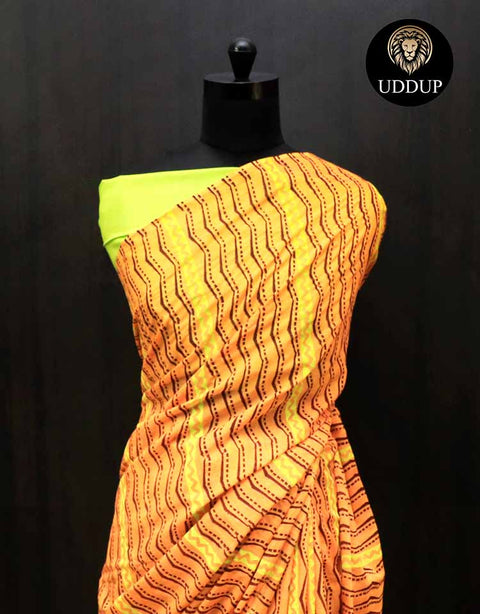 Orange Hand  Block Printed Mul Cotton Saree