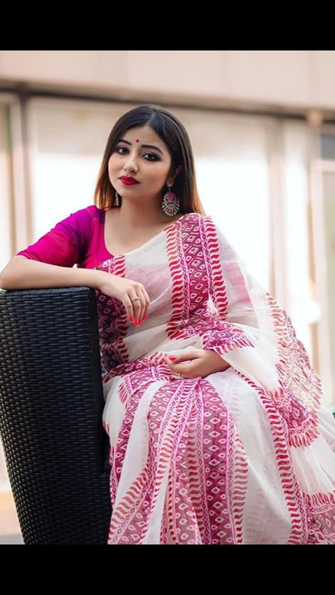 White linen saree with pink prints- Handloom Linen Saree
