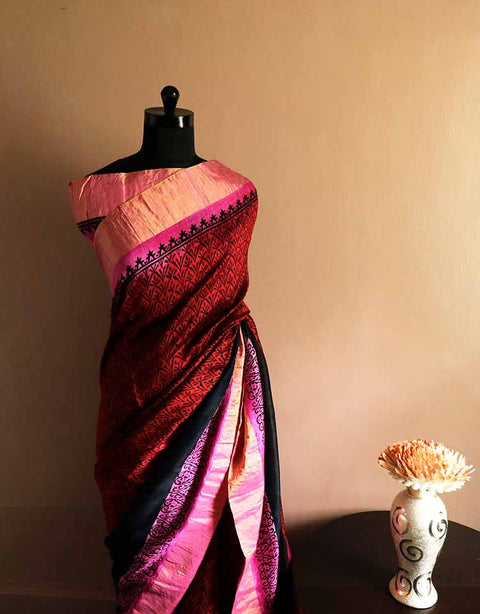Pure Hand Block Printed Magenta with Black Duppion Silk Sarees