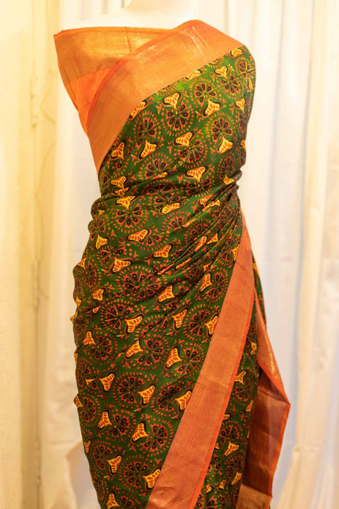 Citrus Grove Orange and Green Printed Kanchipuram Silk Saree
