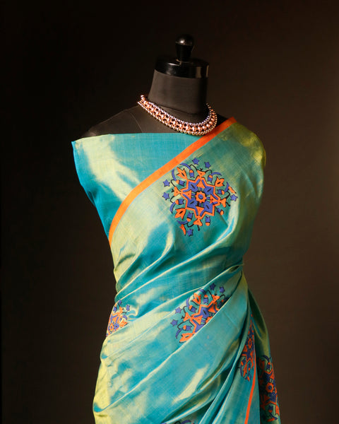 Pure blue with orange color Silk Cotton Saree