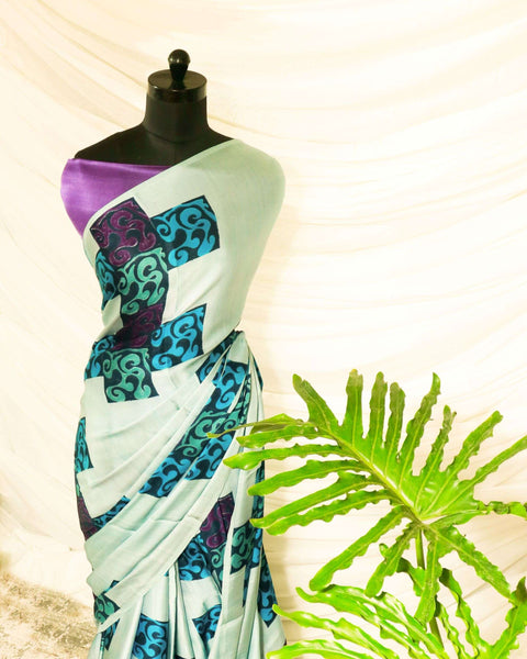 Pure Hand-Printed light Pista green Modal Silk Saree
