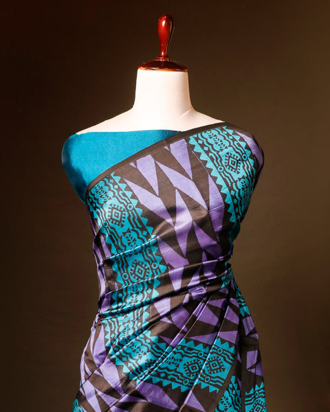 Pure Hand block Printed Blue and Black Raw Silk saree