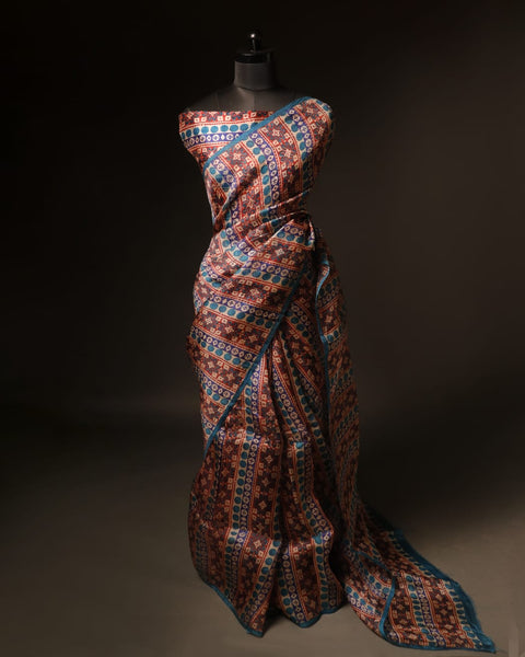 Pure Handloom Brown with blue Organza Silk Saree