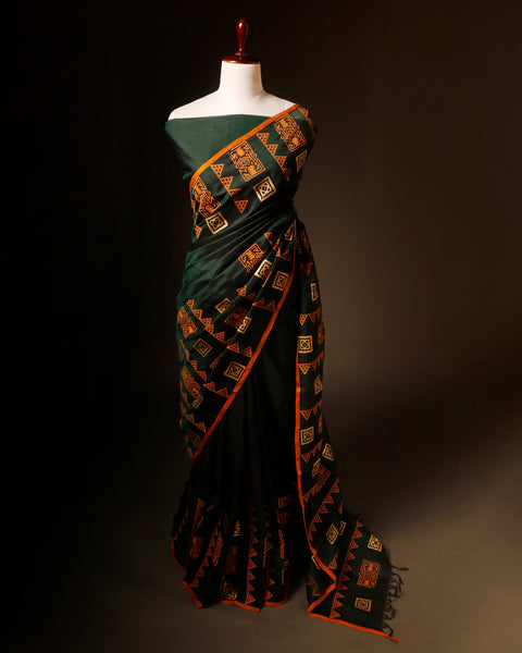 Harmony in Nature Green and Orange Handloom Silk Cotton Saree