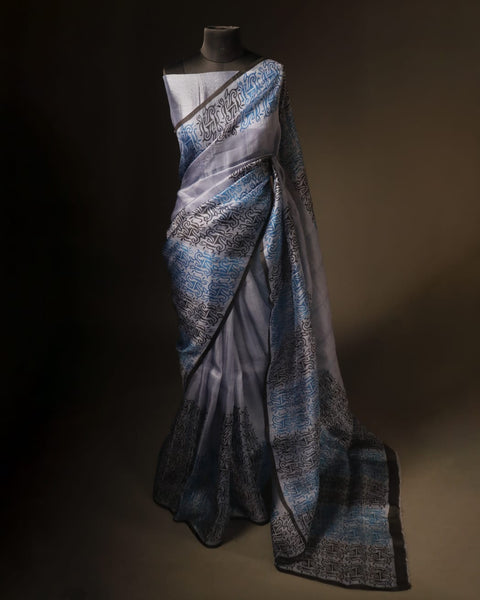 Silver Mist Grey Pure Organza Silk Saree