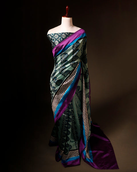Pastel Light Green Multicolor Printed Pure Raw Silk Saree