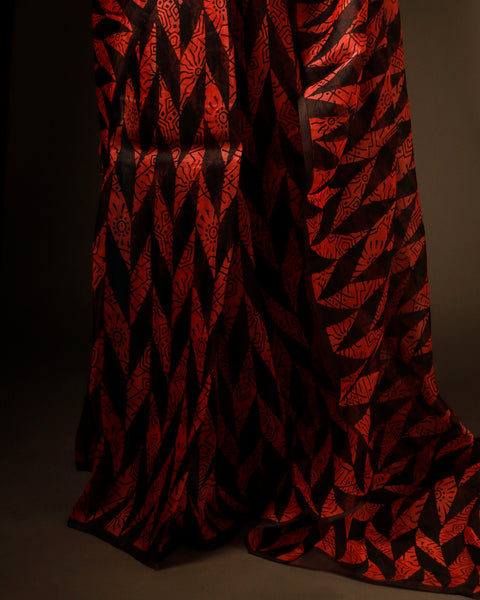 Sunset Noir Orange and Black Pure Organza Silk Saree