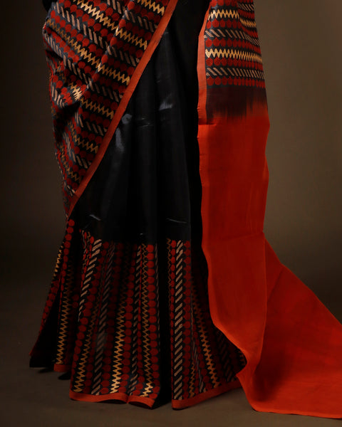 Scarlet Slate Grey and Red Handloom Silk Cotton Saree