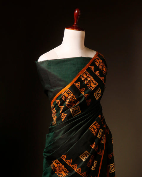 Harmony in Nature Green and Orange Handloom Silk Cotton Saree