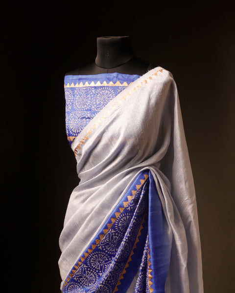 Uddup Breeze White and Blue Pure Dupion Silk Saree