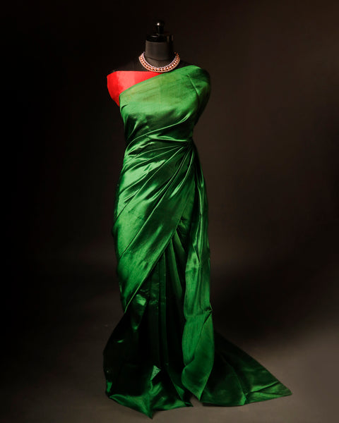 Pure Hand block Printed Parrot Green Silk saree