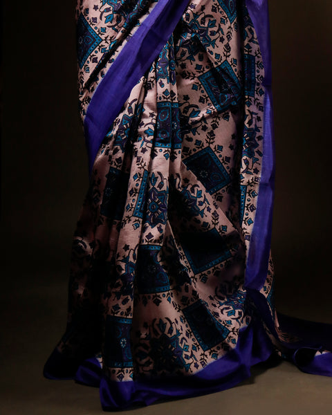 Pure Hand block Printed Dark Blue Raw Silk saree