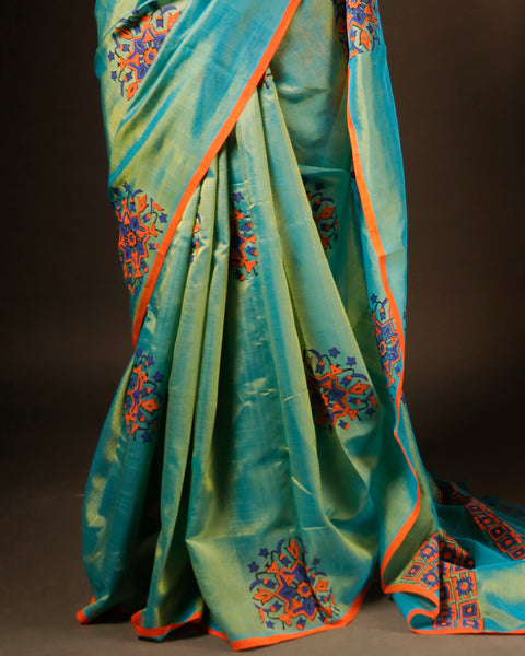 Pure blue with orange color Silk Cotton Saree
