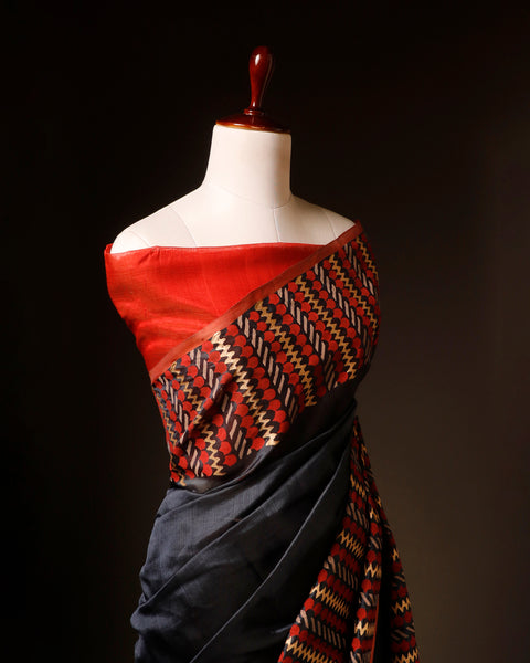Scarlet Slate Grey and Red Handloom Silk Cotton Saree