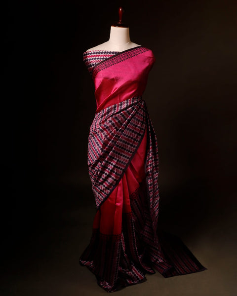 Pure Hand block Printed Pink Raw Silk saree