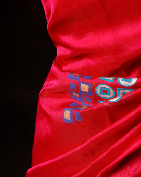 Pink with blue color Printed Silk Cotton Saree