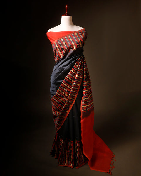 Scarlet Slate Grey and Red Handloom Silk Cotton Saree