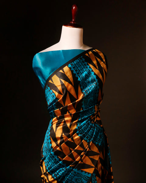 Pure Hand block Printed Blue and yellow Raw Silk saree