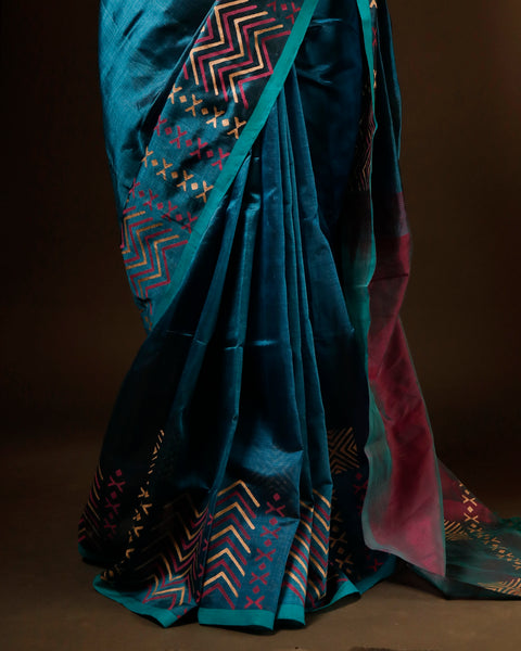 Pure Blue and pink color Silk Cotton Saree