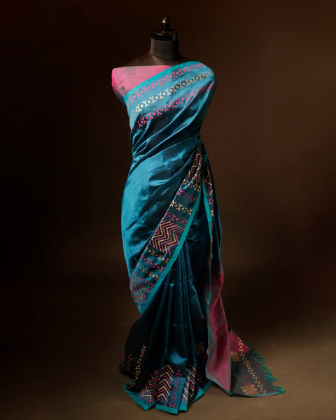 Pure Blue and pink color Silk Cotton Saree
