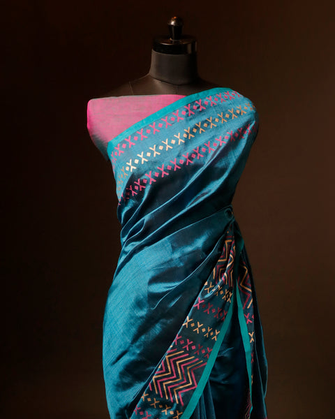 Pure Blue and pink color Silk Cotton Saree
