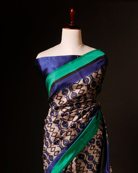 Pure Hand block Beige and blue Raw Silk saree