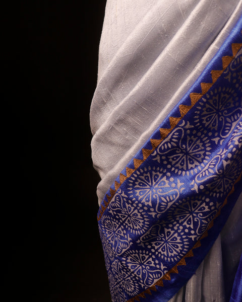 Uddup Breeze White and Blue Pure Dupion Silk Saree