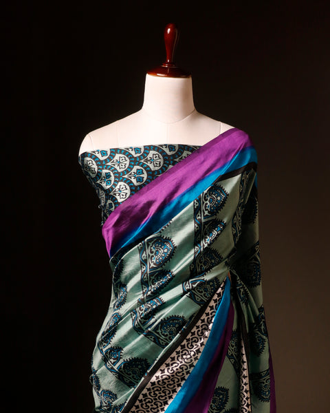 Pastel Light Green Multicolor Printed Pure Raw Silk Saree