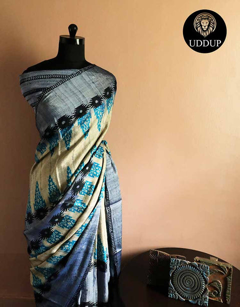 Pure Hand Block Printed Black Desi Tussar Silk Saree