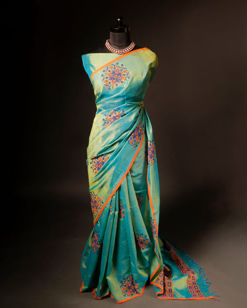 Pure blue with orange color Silk Cotton Saree