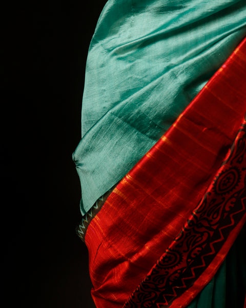 Verdant Harmony Green and Maroon Printed Pure Raw Silk Saree