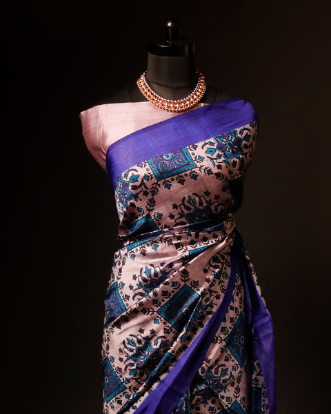Pure Hand block Printed Dark Blue Raw Silk saree