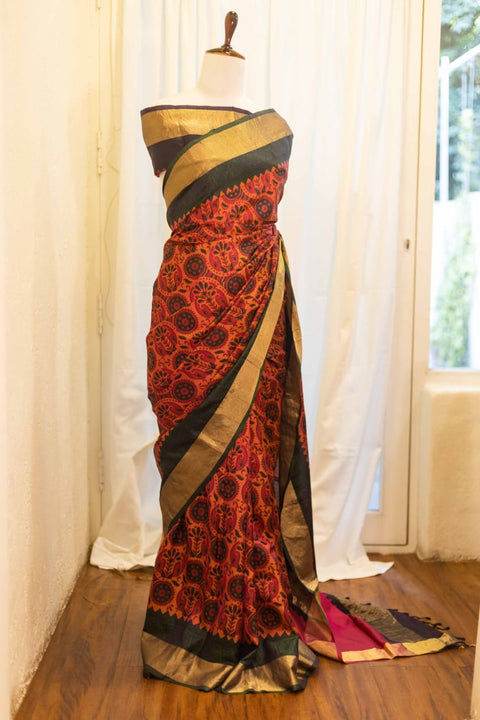 Autumn Elegance Orange and Black Printed Kanchipuram Silk Saree