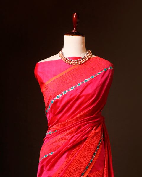 Pinkish Red Silk Cotton Saree