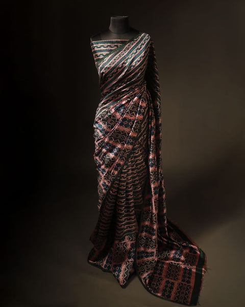 Sage Serenity Green and Beige Printed Pure Raw Silk Saree