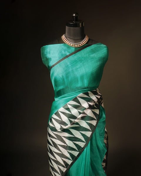 Pure Handloom Aqua Green and Black Organza Silk Saree