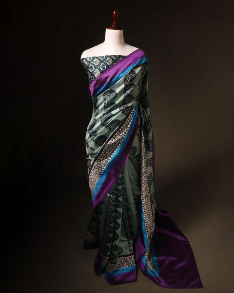 Pastel Light Green Multicolor Printed Pure Raw Silk Saree