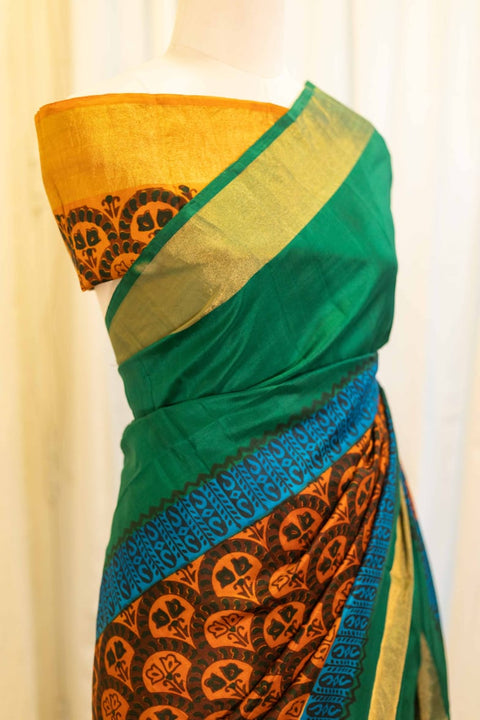 Emerald Symphony Green with Multicolor Printed Kanchipuram Silk Saree