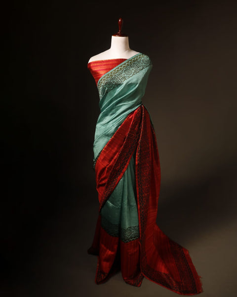 Verdant Harmony Green and Maroon Printed Pure Raw Silk Saree