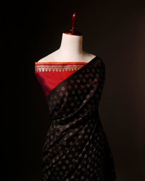 Pure Black and Red Silk Cotton Saree
