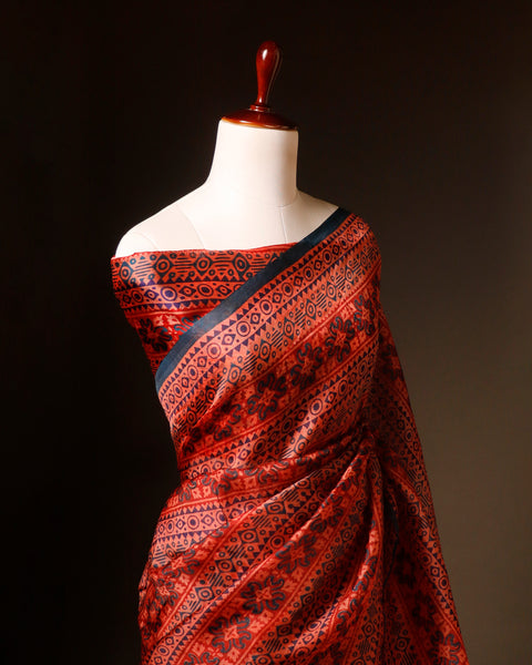 Mystic Mocha Maroon and Black Printed Pure Organza Silk Saree