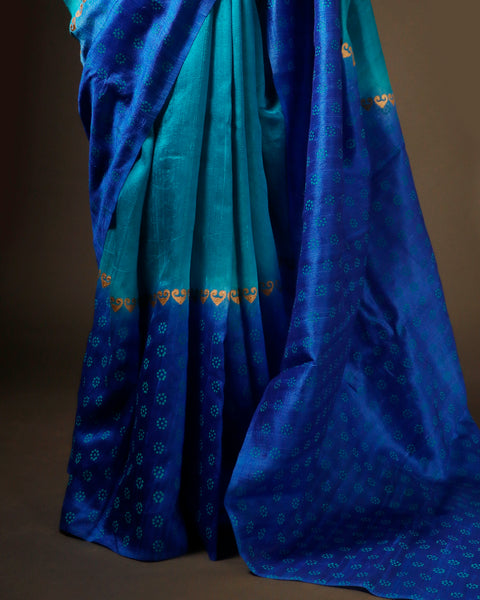 Twilight Sky Blue and Dark Blue Pure Dupion Silk Saree