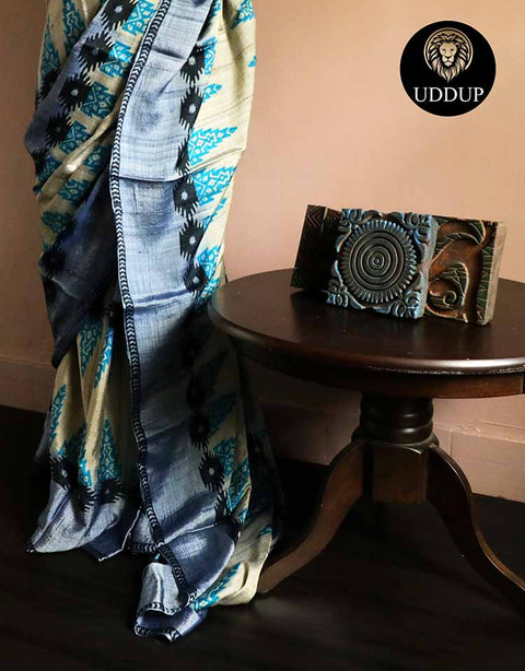 Pure Hand Block Printed Black Desi Tussar Silk Saree